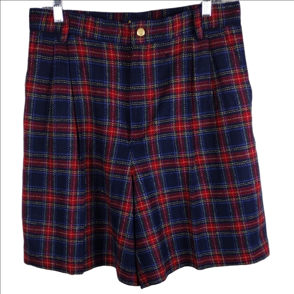 Lizsport Vintage Red Blue Tartan Plaid Wool Blend Pleated Button Zip Shorts